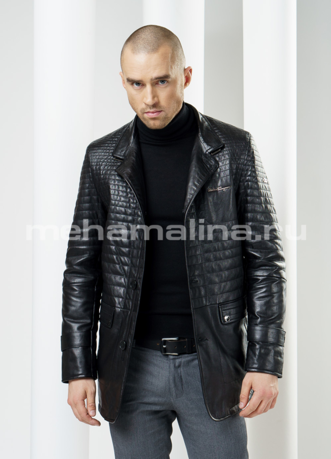 Кожаная куртка на пуговицах, цвет черный модель № KP-84 в кредит