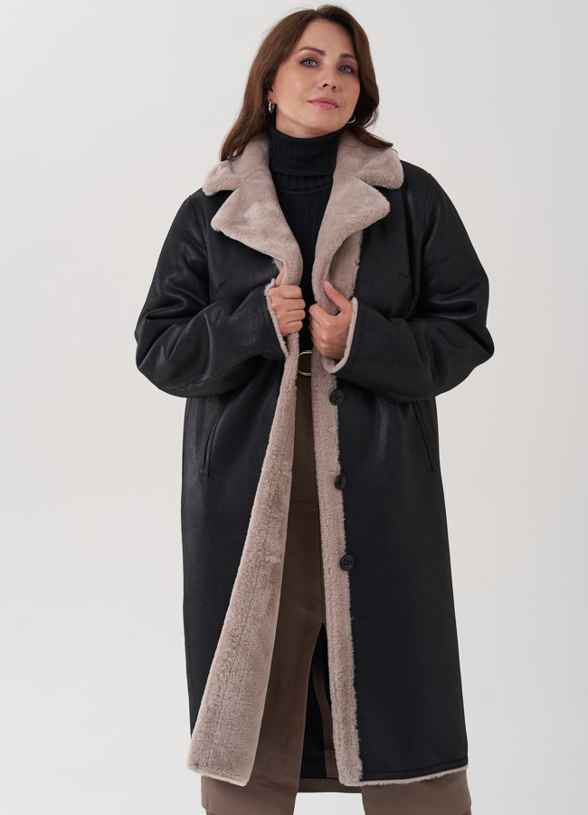 Двухсторонняя женская дубленка с английским воротником  модель № 82006 в кредит Двухсторонняя женская дубленка с английским воротником  модель № 82006 в кредит