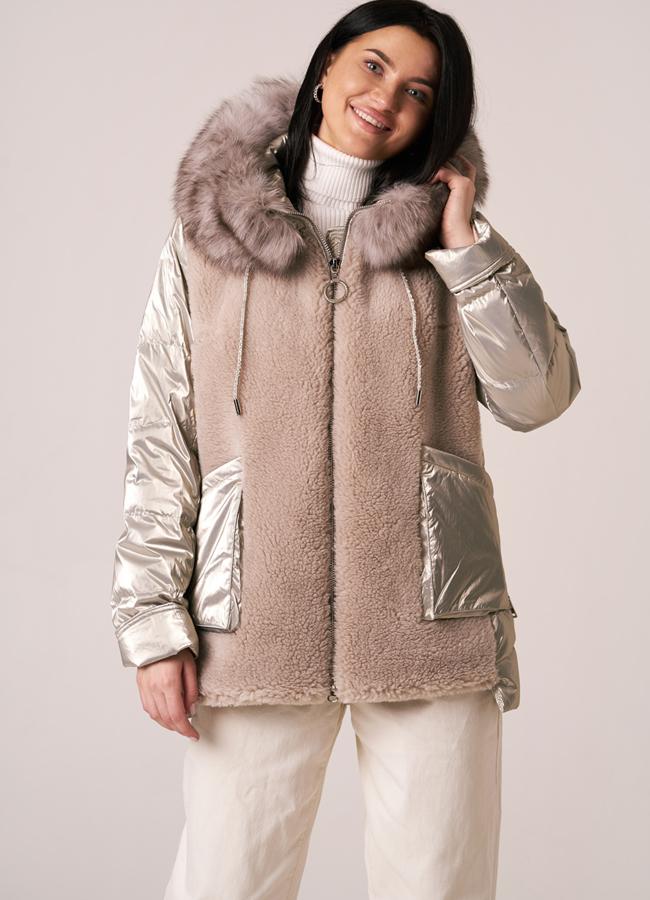 Комбинированный пуховик с шерстью, на молнии с капюшоном модель № 912-2 универмаг малина