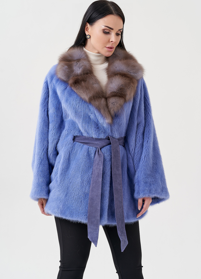 Шуба из норки с английским воротником из куницы  модель № 23978 меха малина