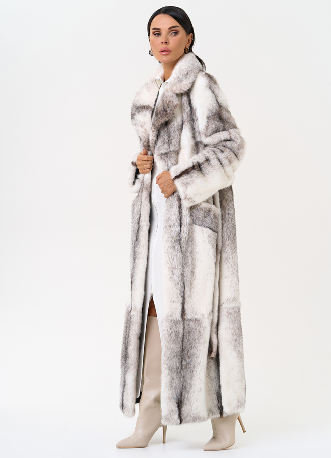 Длинная шуба из норки крестовки cross модель № 31327 универмаг малина