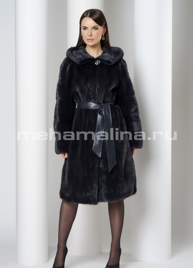 фото Норковая шуба с капюшоном в цвете уголь модель № S-752