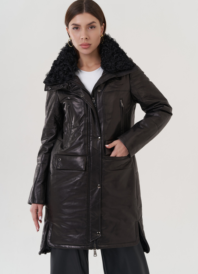 Кожаный пуховик с воротником на молнии и кнопках  модель № 19919 меха малина