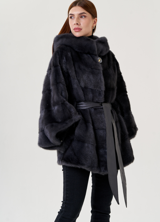 Шуба из норки в цвете графит с капюшоном  модель № 23359 универмаг малина