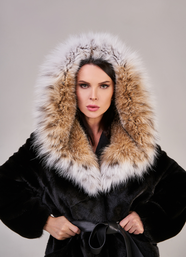 Норковая шуба с капюшоном из рыси модель № S-845 в рассрочку