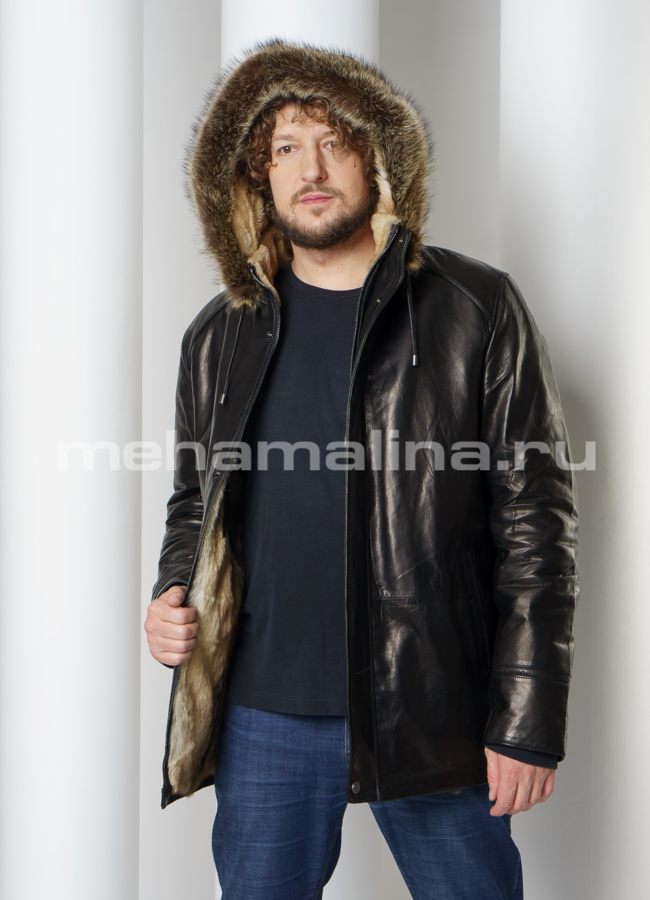 Дубленка из натуральной кожи на волке с капюшоном модель № DM-131 универмаг малина