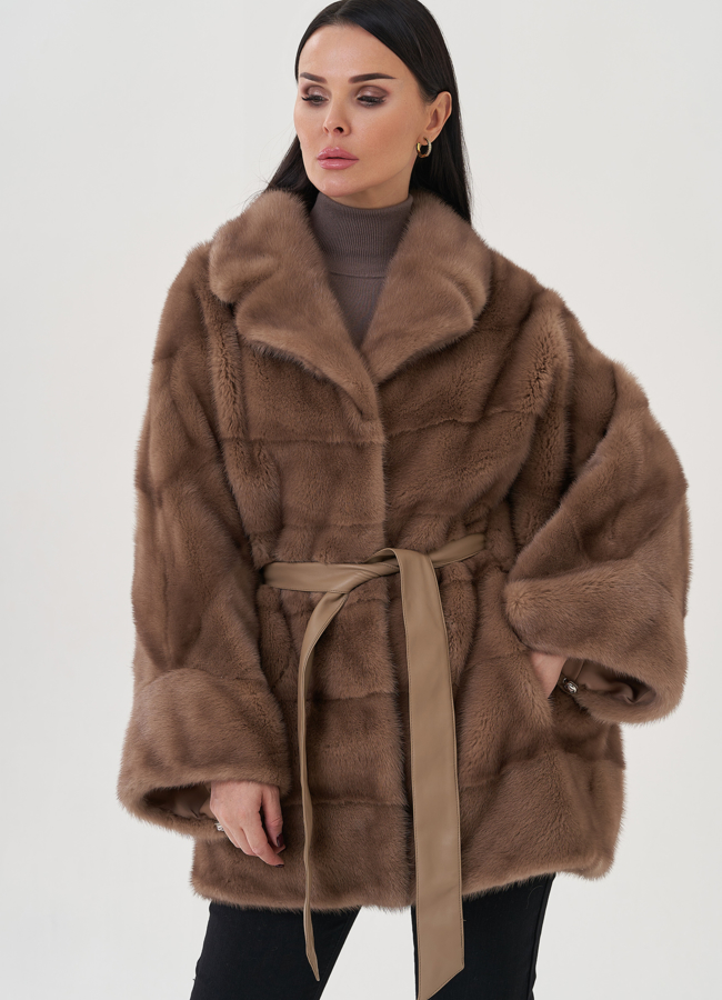 Шуба из норки с английский воротником  модель № 26015 меха малина