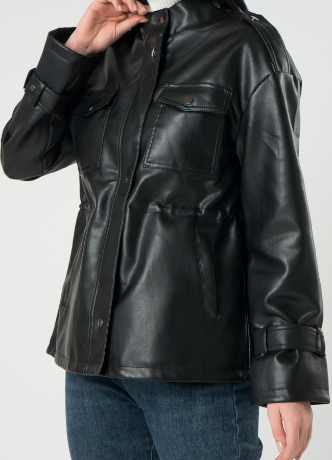 Женская куртка-рубашка с кулиской на талии  из эко кожи  модель № 22407 универмаг малина