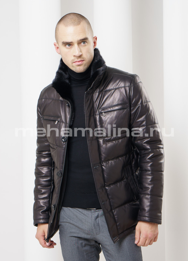 Кожаный пуховик с норкой  модель № ПМ-60 в кредит