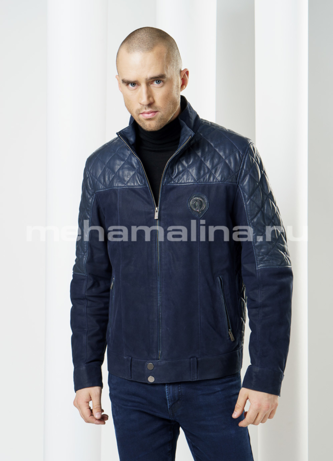 Кожаная куртка на молнии, цвет синий модель № KP-92 меха малина