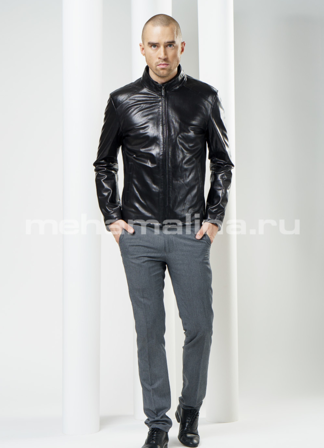 Кожаная куртка на молнии, воротник - стойка модель № KP-82 меха малина