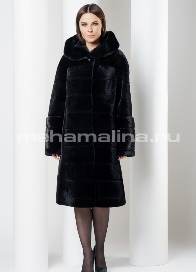 Шуба с капюшоном модель № S-560 меха малина