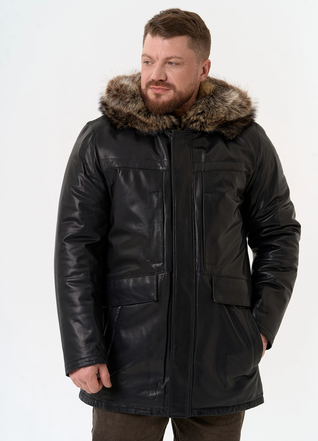 Мужская куртка с капюшоном на мехе из волка модель № 31780 в рассрочку