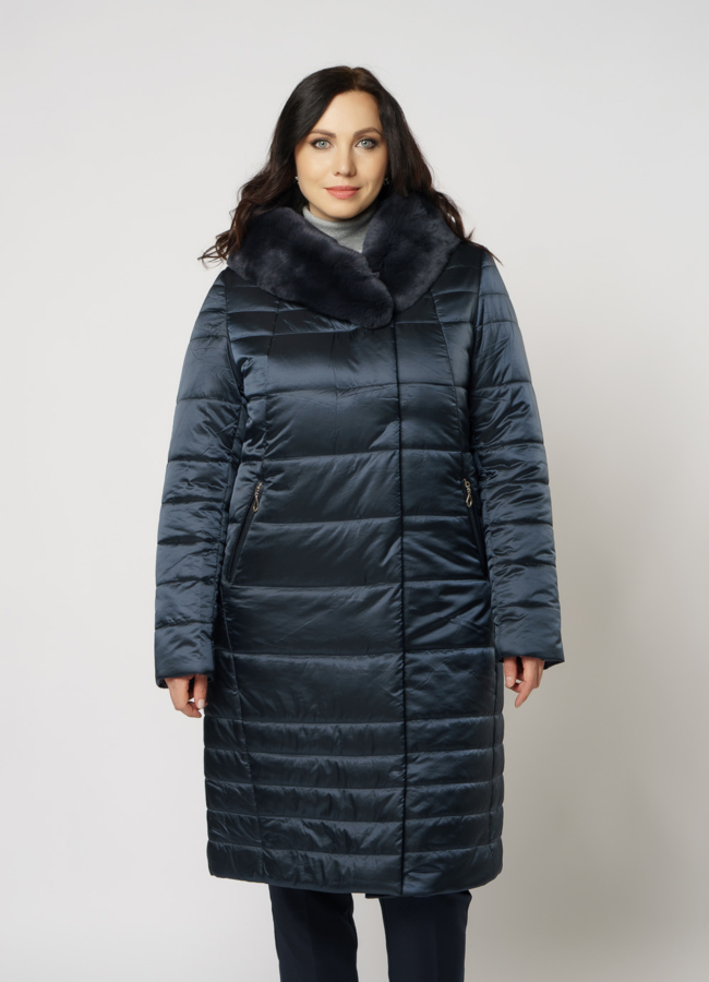 Пуховик на поясе с капюшоном, отделка кролик модель № 1963 универмаг малина