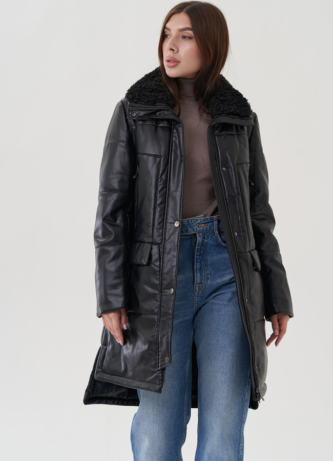 фото Пуховик из эко кожи с отделкой воротника модель № 25344