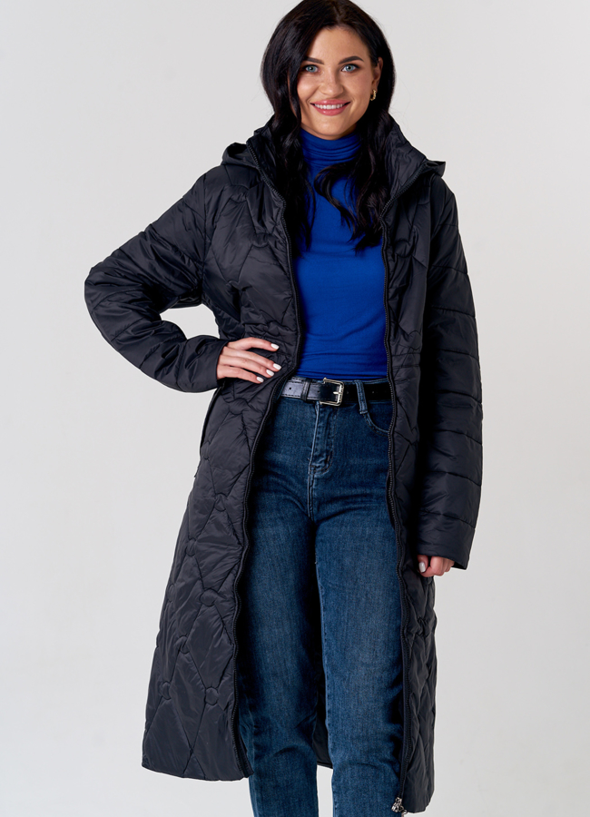 Утепленное женское пальто черного цвета модель № 21582 универмаг малина