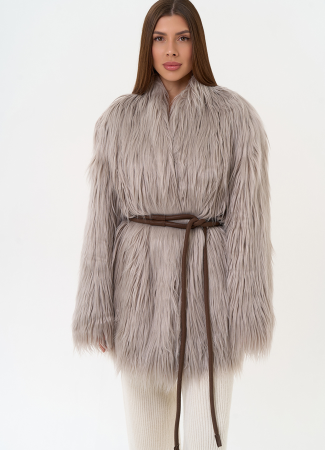 фото Женская шуба из эко меха с декоративным поясом модель № 31529 фото Женская шуба из эко меха с декоративным поясом модель № 31529