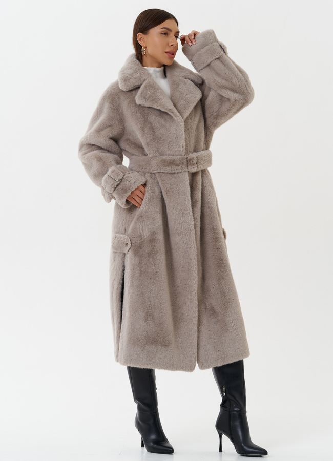 фото Пальто из экомеха с поясом  модель № 27796