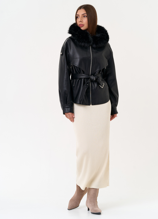 Женская утепленная куртка из эко кожи с поясом модель № 31494 в рассрочку Женская утепленная куртка из эко кожи с поясом модель № 31494 в рассрочку