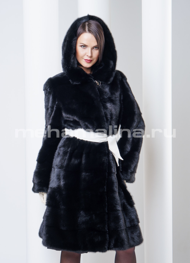 фото Норковая шуба с капюшоном, цвет черный модель № S-294