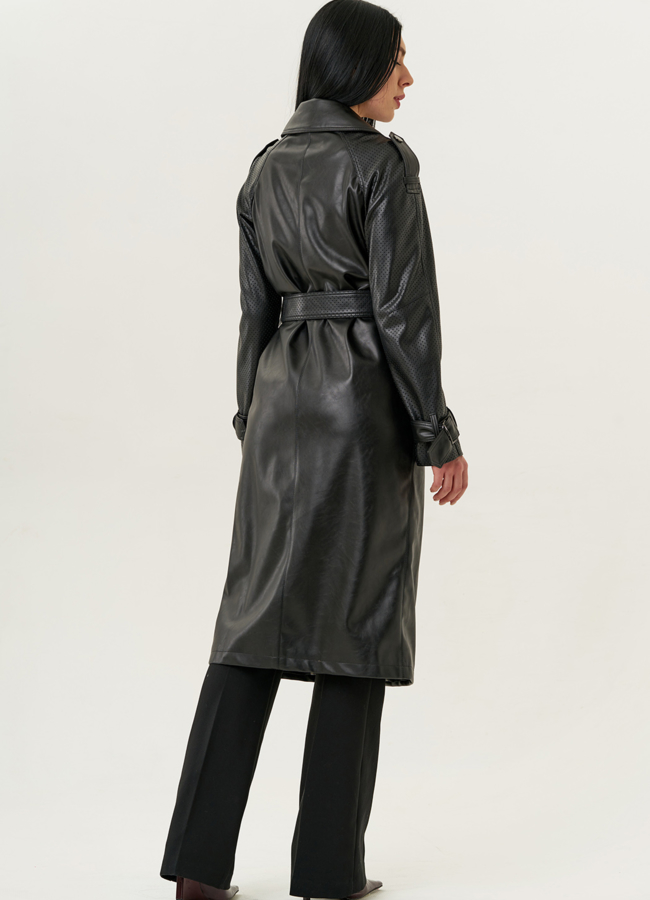 Женский удлиненный тренч из эко кожи черного цвета с поясом модель № 20714 в кредит