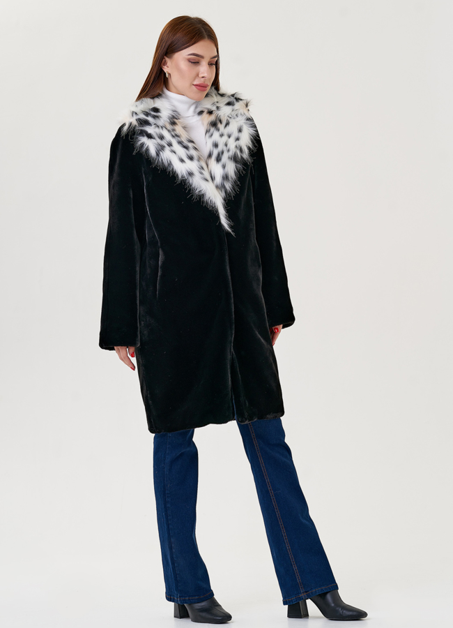 Полупальто черного цвета  с воротником из искусственной рыси  модель № 79438 универмаг малина