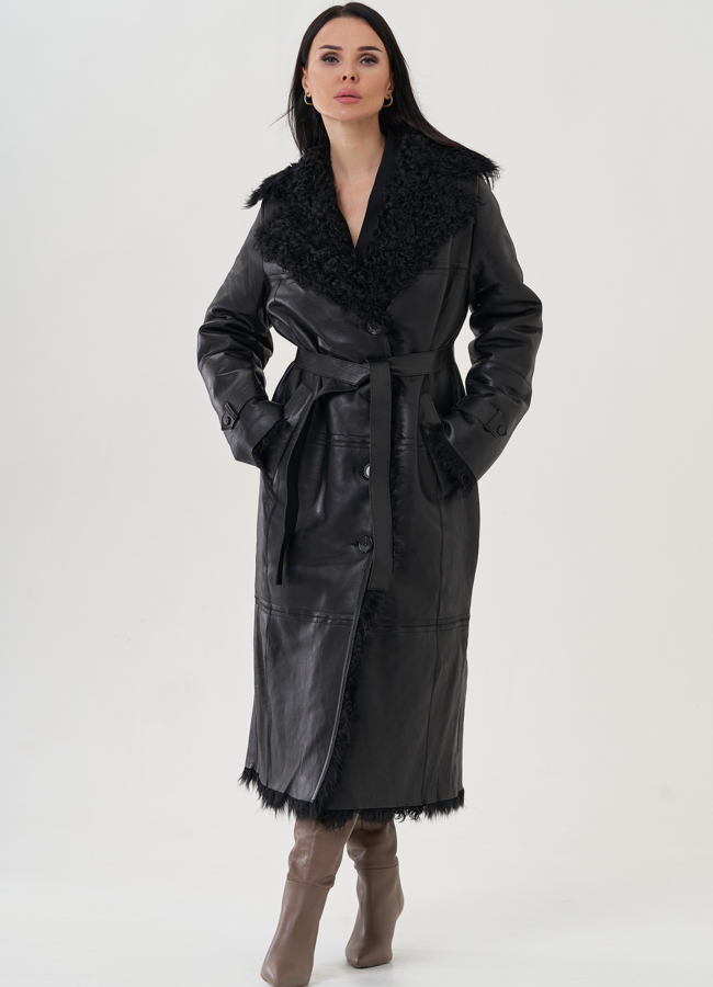 Женская дубленка с английским воротником  модель № 26047 меха малина