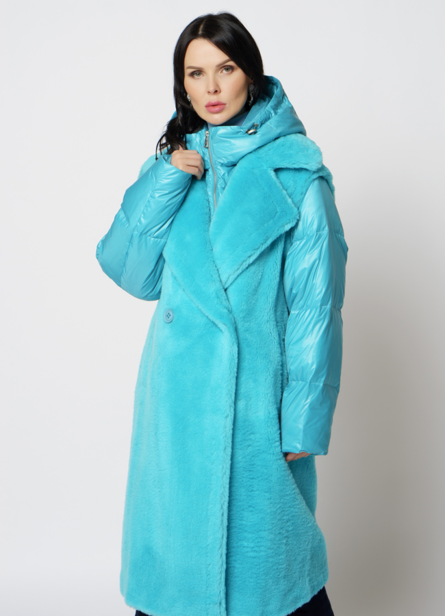 Пальто трансформер из эко меха голубого цвета модель № 21553 меха малина