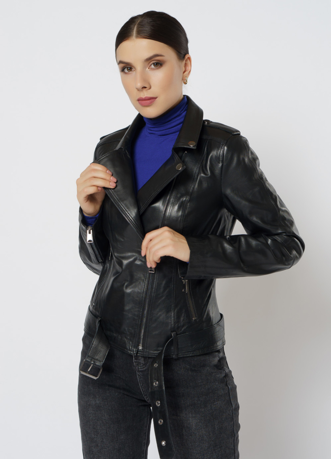 Кожаная куртка с поясом модель № 21608 универмаг малина