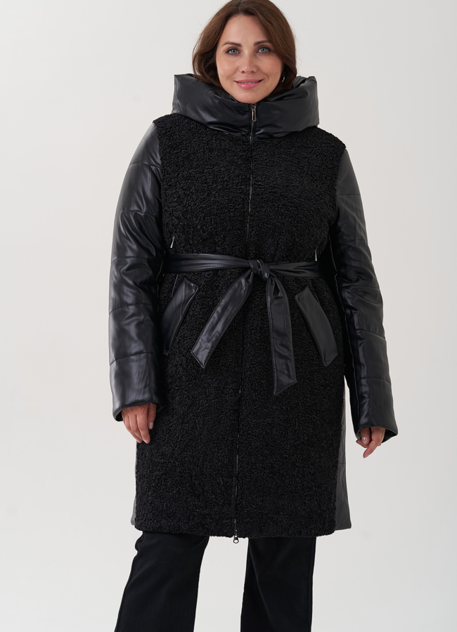 Пуховик из эко кожи с капюшоном модель № 25342 меха малина