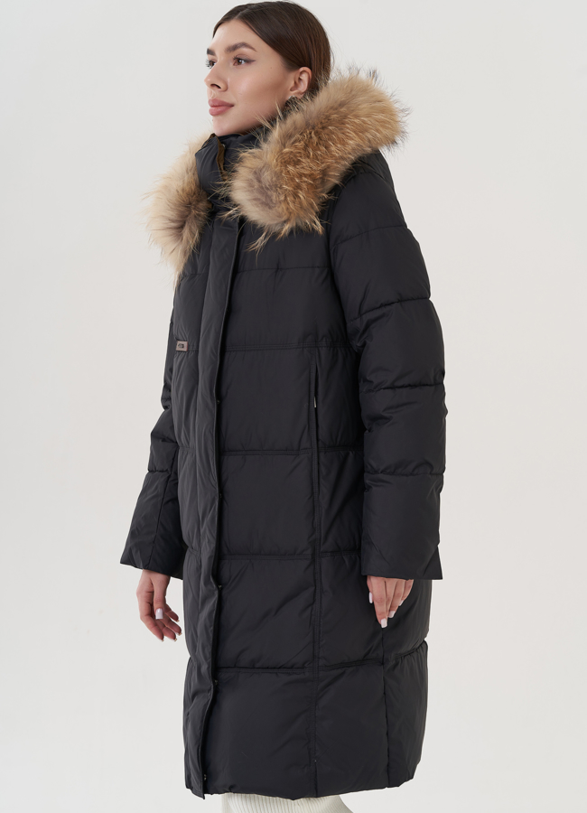 Пуховик женский с капюшоном отделка енот  модель № 25709 в рассрочку