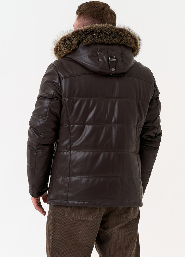 Пуховик из эко кожи с капюшоном из меха енота модель № 31721 в рассрочку