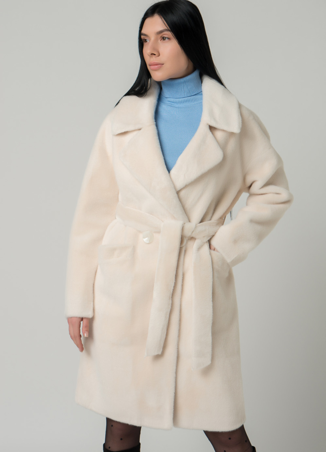 Светлое женское полупальто с поясом модель № 18302 универмаг малина