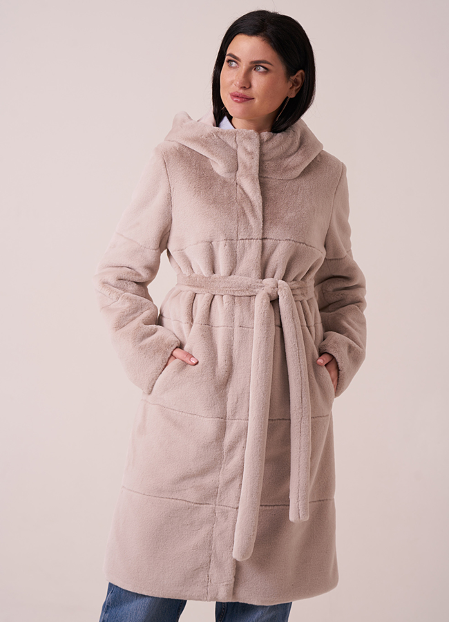 Двусторонняя эко шуба из искусственного меха с капюшоном на поясе модель № 1062 меха малина