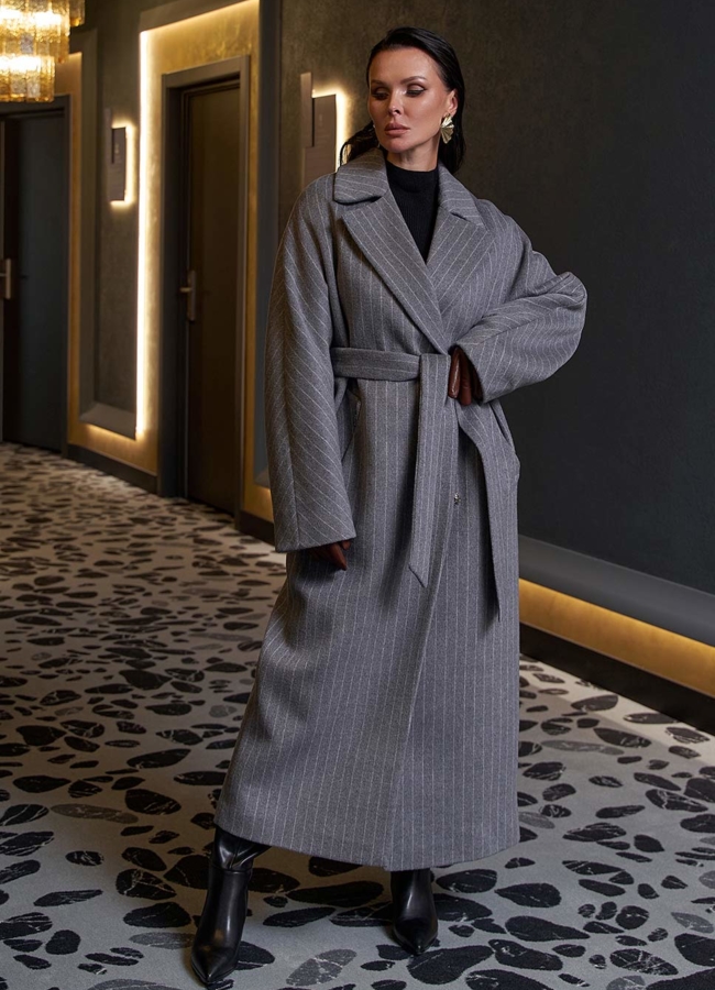 фото Длинное пальто в полоску модель № 28086