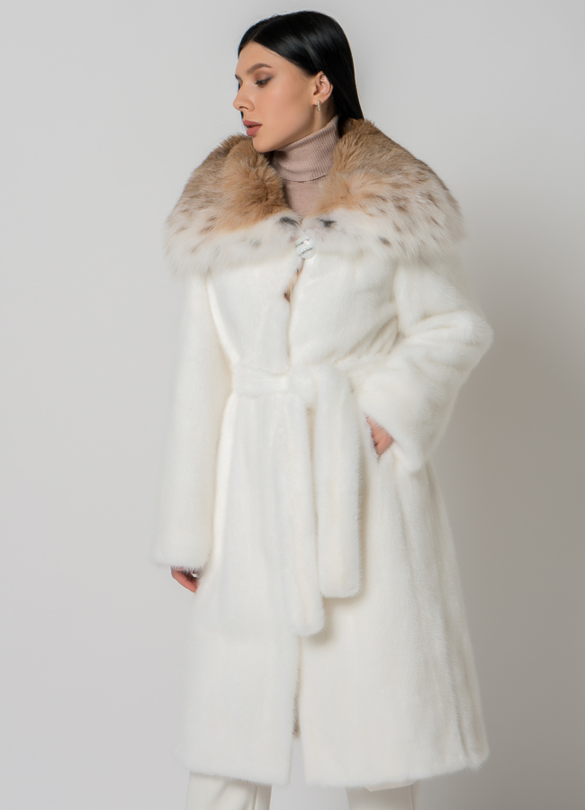 Белая норковая шуба с рысью модель № 1402 универмаг малина