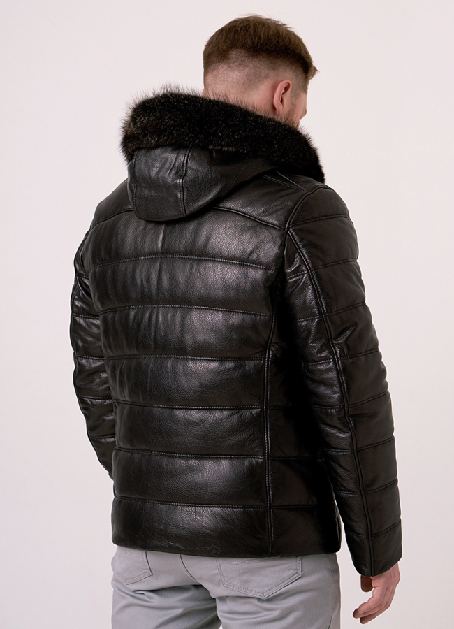 Пуховик из натуральной кожи на молнии с капюшоном модель № 1829 в рассрочку