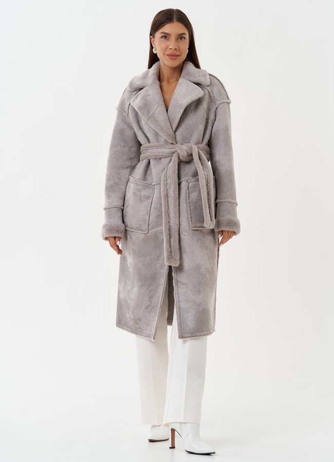 Двухсторонняя эко дубленка с английским воротником модель № 27774 меха малина