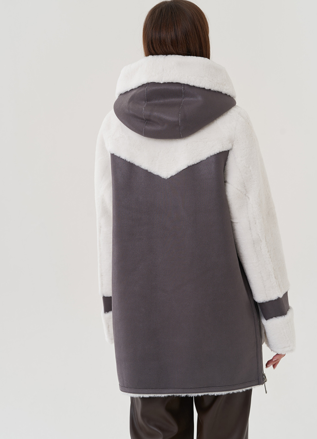 Дубленка в цвете графит с капюшоном модель № 25401 универмаг малина