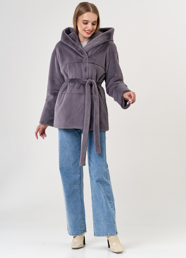 Укороченная шуба из эко меха с капюшоном модель № 21134 меха малина