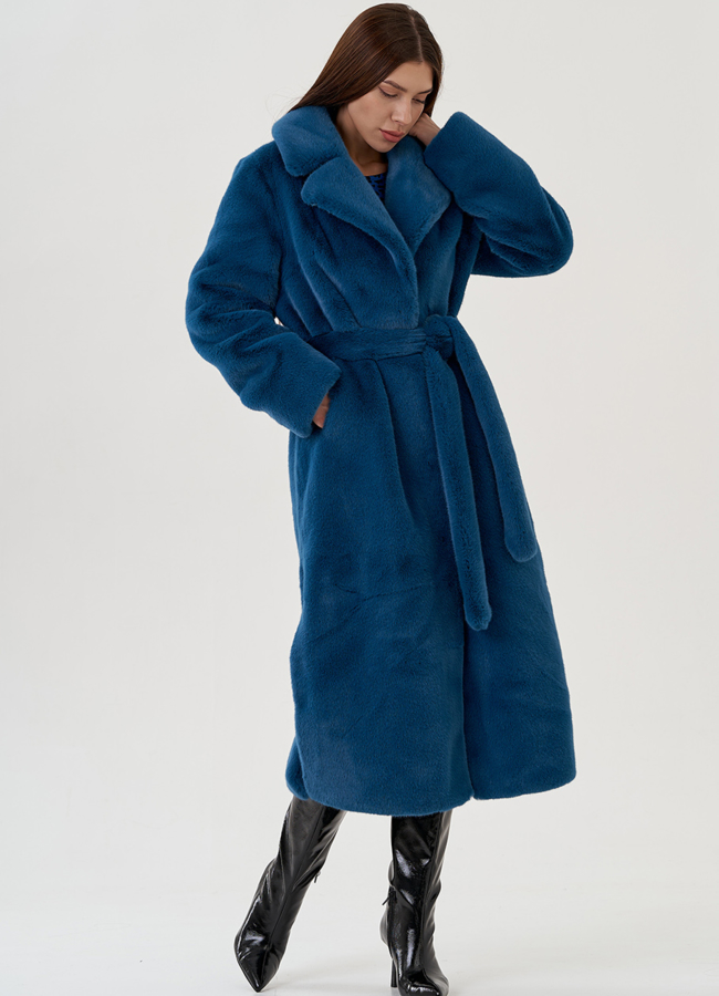 Удлиненная шуба из экомеха с поясом модель № 81535 универмаг малина