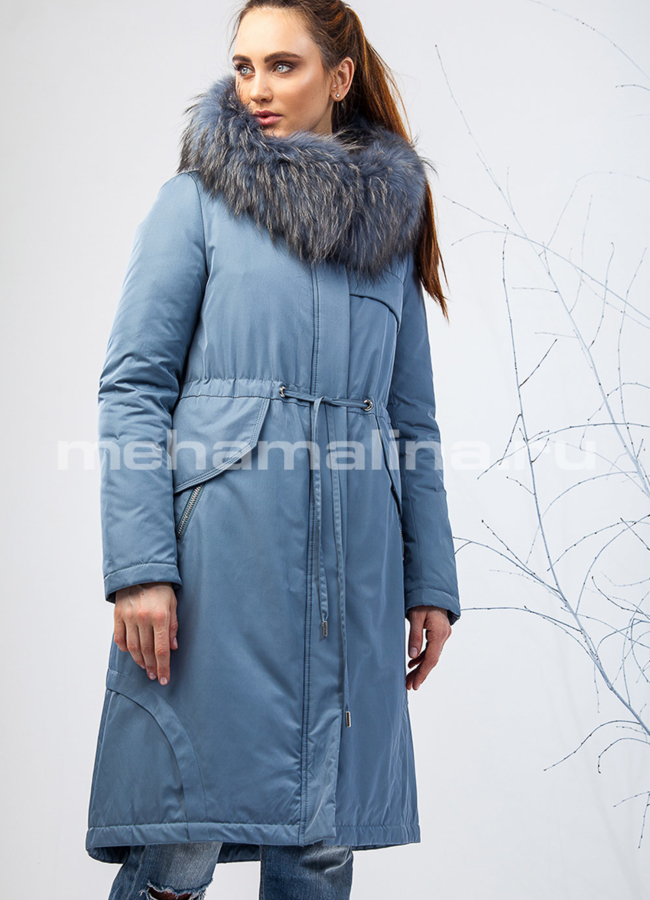 Тканевый удлиненный пуховик модель № П-194 меха малина