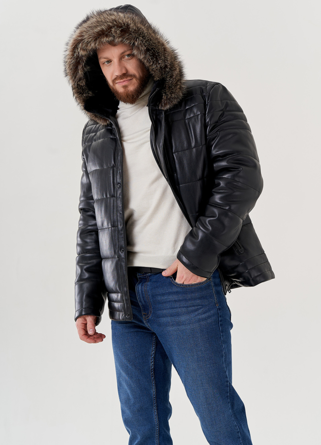 Мужской пуховик из эко кожи с капюшоном  модель № 79602 в рассрочку