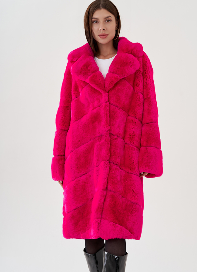 Удлиненная женская шуба из кролика в цвете фуксия модель № 81858 универмаг малина