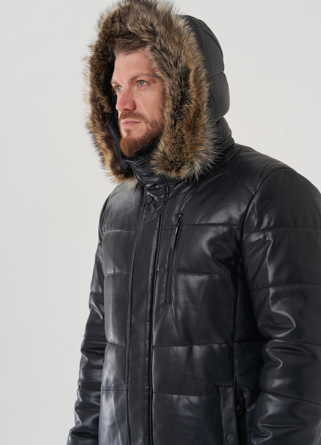 Мужской пуховик из эко кожи с капюшоном  модель № 81845 универмаг малина
