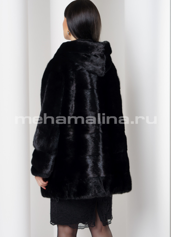 Шуба из черной норки, укороченная с капюшоном модель № S-761 в рассрочку