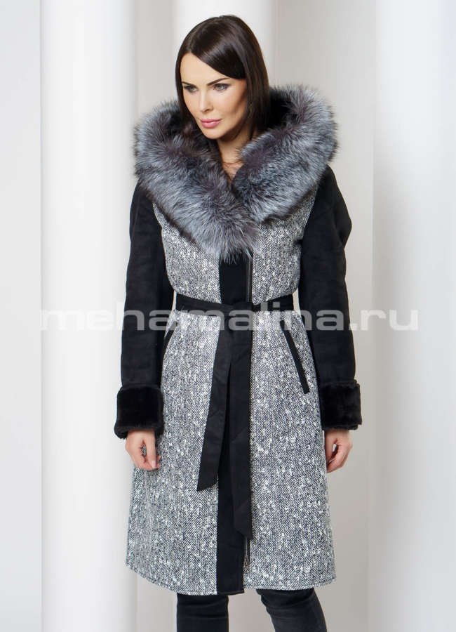 Дубленка из эко меха с капюшоном  модель № 1607 универмаг малина