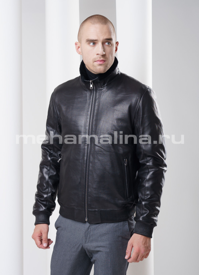 Мужская дубленка на резинке, стойка модель № DM-66 меха малина