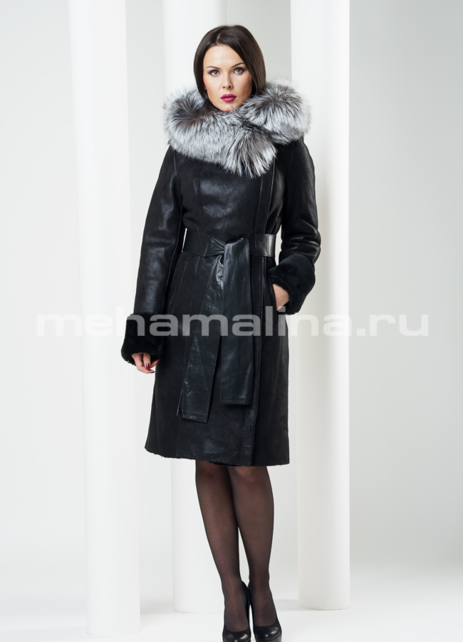 Дубленка с капюшоном из чернобурки модель № D-115 в кредит