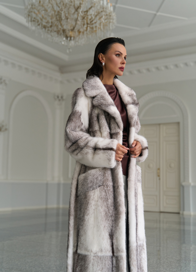 фото Длинная шуба из норки крестовки cross модель № 31327